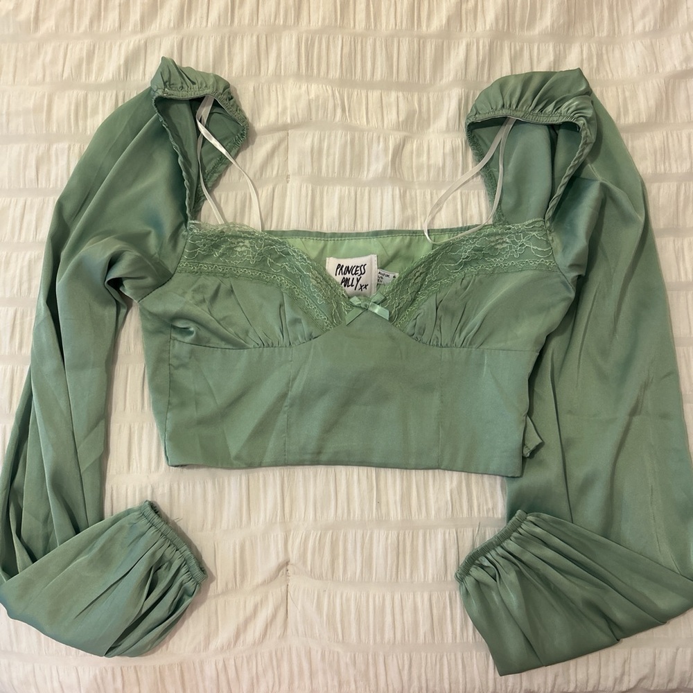 Princess Polly Sage Green Long Sleeve Satin Crop Top size 2